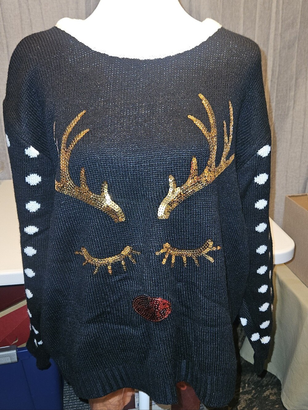 Black/Gold Sequin Reindeer Sweater - Women's Holiday Pullover